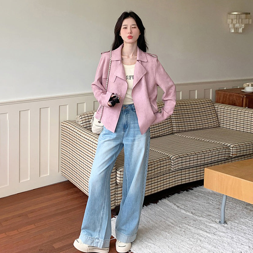 【アウター】可愛い 甘め若見えフェミニン スエード調ショートジャケット デザイン性 カジュアル 細見えアウター【JZシリーズ】