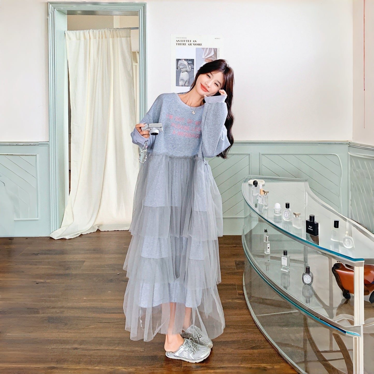 【ワンピース】カジュアル スリム見え チュール ミックス アルファベット 長袖ワンピース【JZシリーズ】