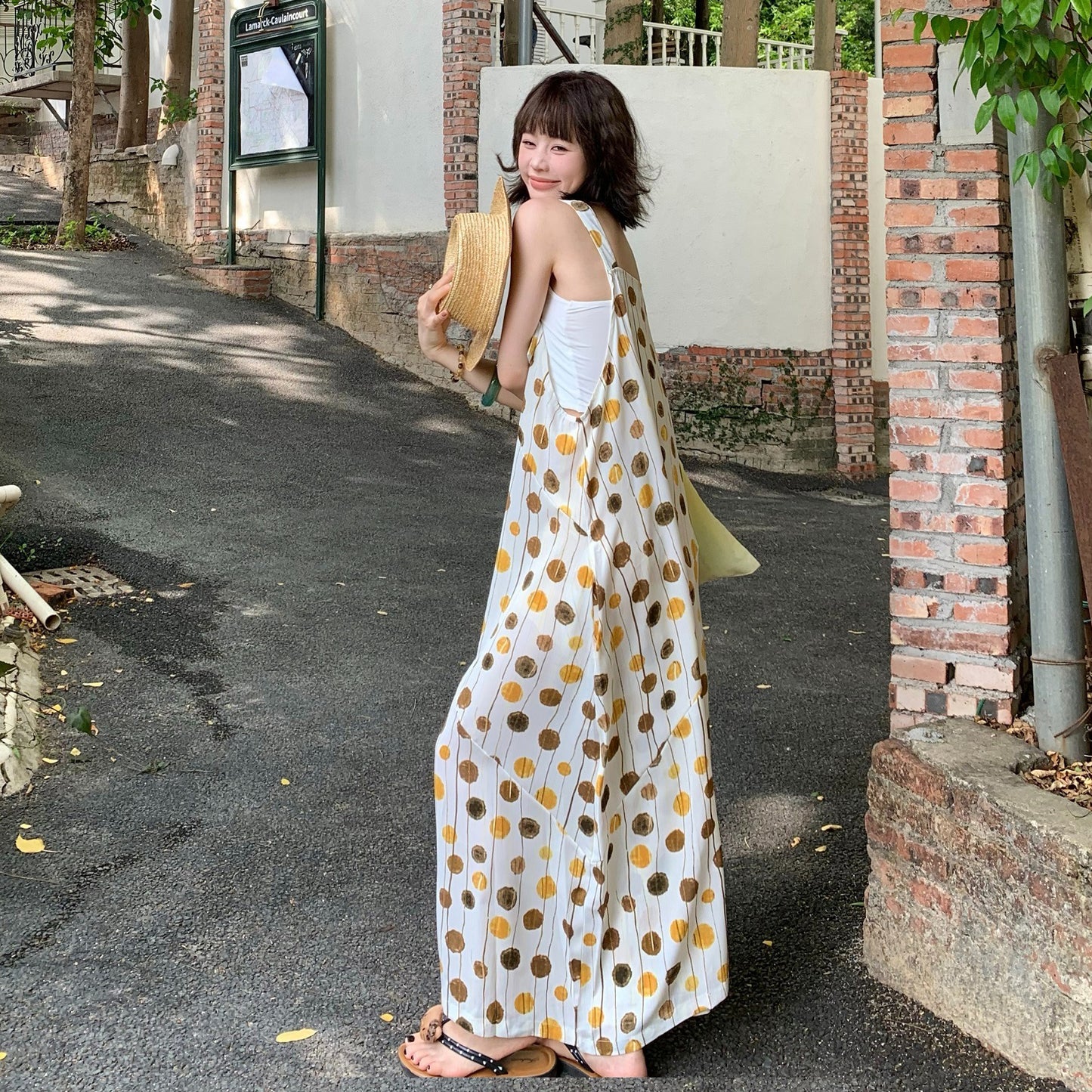 【ボトムス】夏新作 ゆったりレトロ水玉キャミサロペット Vネック オールインワン【SHシリーズ】