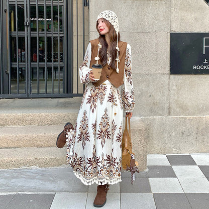 【セットアップ】ボヘミアン民族風ベスト＋花柄ワンピース レディース 春秋 個性的で華やか 絶美長袖ワンピース【SHシリーズ】