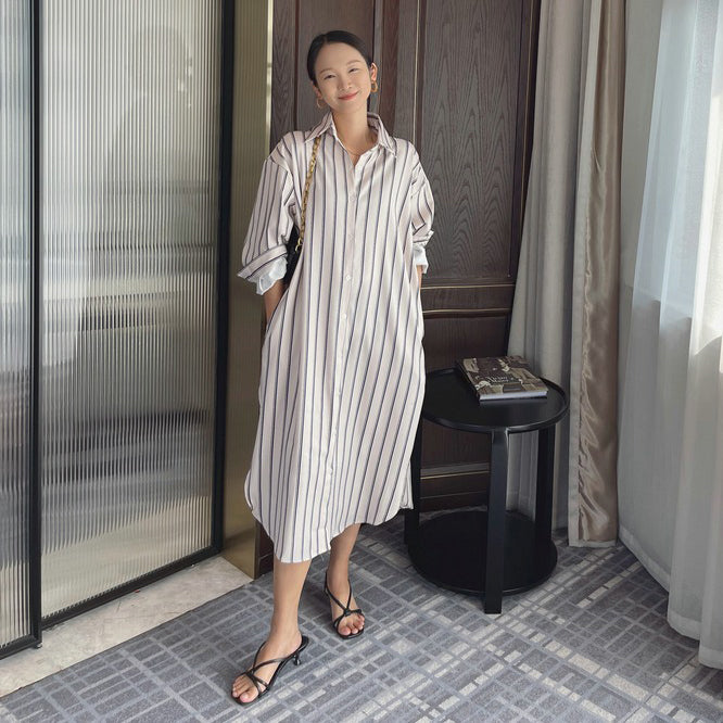 【ワンピース】韓国風 ストライプシャツワンピース レディース 長袖 春夏秋 ゆったりカジュアル ルーズシルエット ミモレ丈【SHシリーズ】