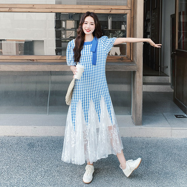 【ワンピース】日系ガーリー チェック柄×レース 半袖 切り替え マーメイドワンピース【SHシリーズ】