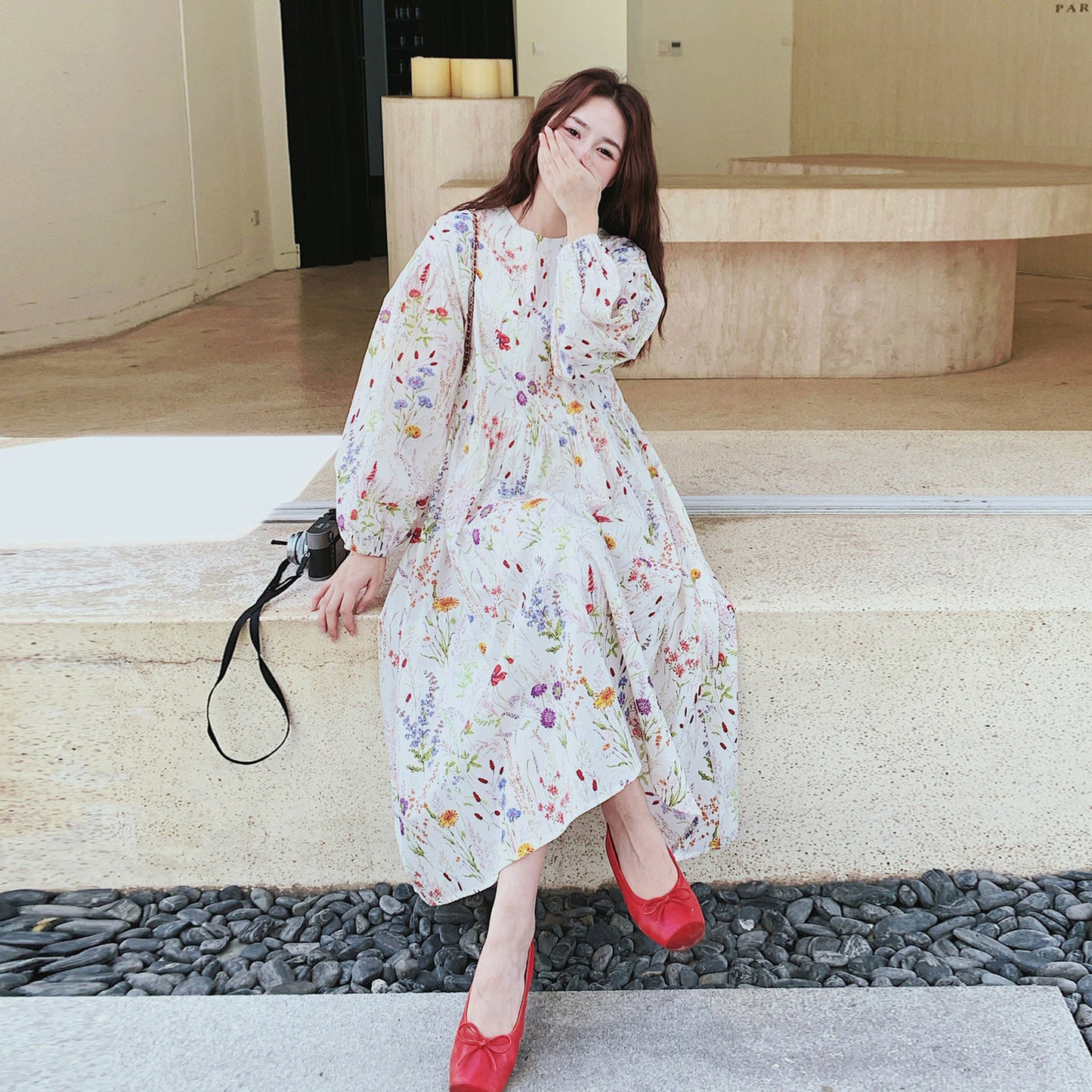 【ワンピース】フレンチ花柄ワンピース レディース バルーンスリーブ ゆったり 長袖 ロング丈 リラックスコーデ 秋ワンピース【SHシリーズ】