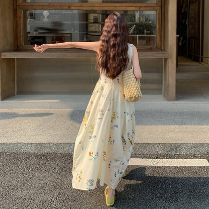 【ワンピース】小花柄ワンピース レディース 白 フレンチ風 ノースリーブ 背心タイプ ゆったり 体型カバー 細見え【SHシリーズ】
