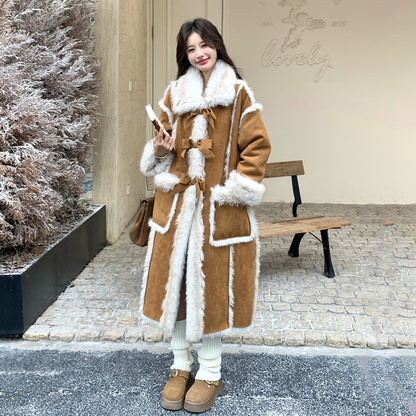 【アウター】リボン付き フェイクファー コート 冬新作 シープボアデザイン 長袖 綿入れコート【JZシリーズ】