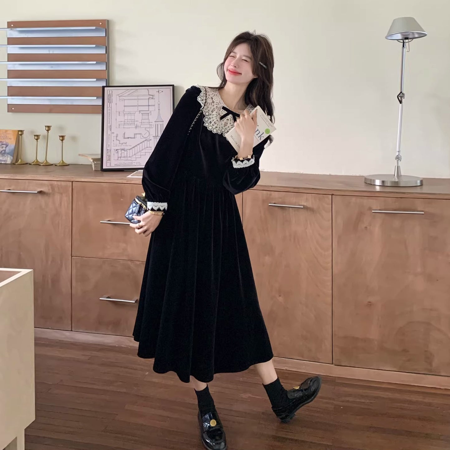 【ワンピース】オードリー風 レース 長袖ワンピース レディース 秋冬 上品 レトロ 細見え ロングドレス【JZシリーズ】