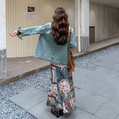 【セットアップ 】レトロデニムジャケット＋花柄キャミワンピースレディース 春秋2025新作 上品ノースリーブワンピース 人気2点セット【SHシリーズ】