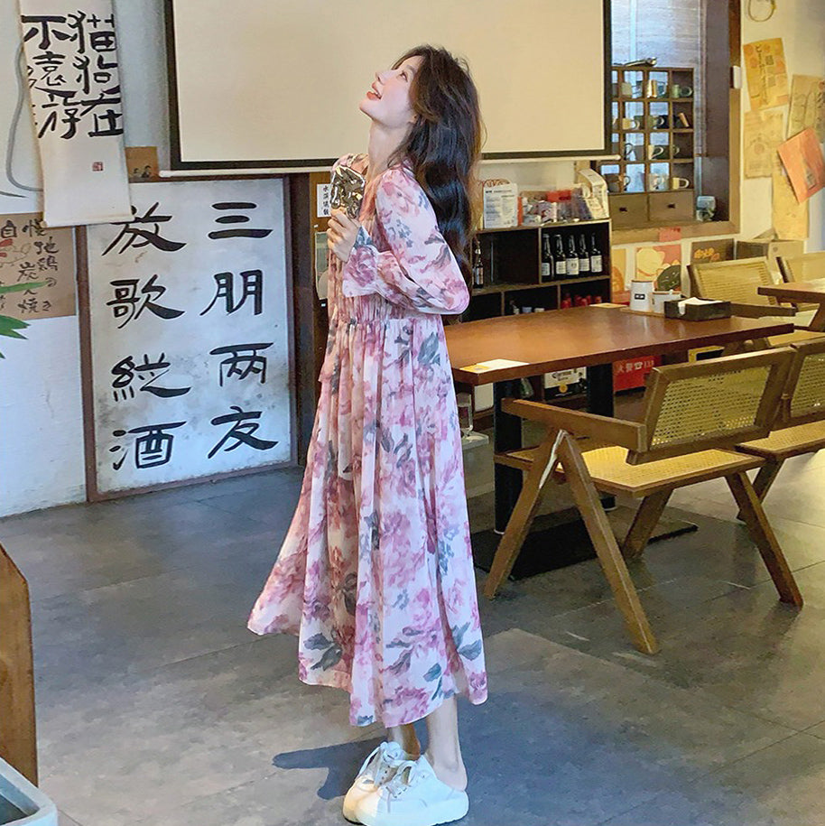 【ワンピース】ロマンチック フレンチ ピンク 小花柄 ワンピース 春夏秋 細見え 若見え 上品 長袖 ドレス【SHシリーズ】