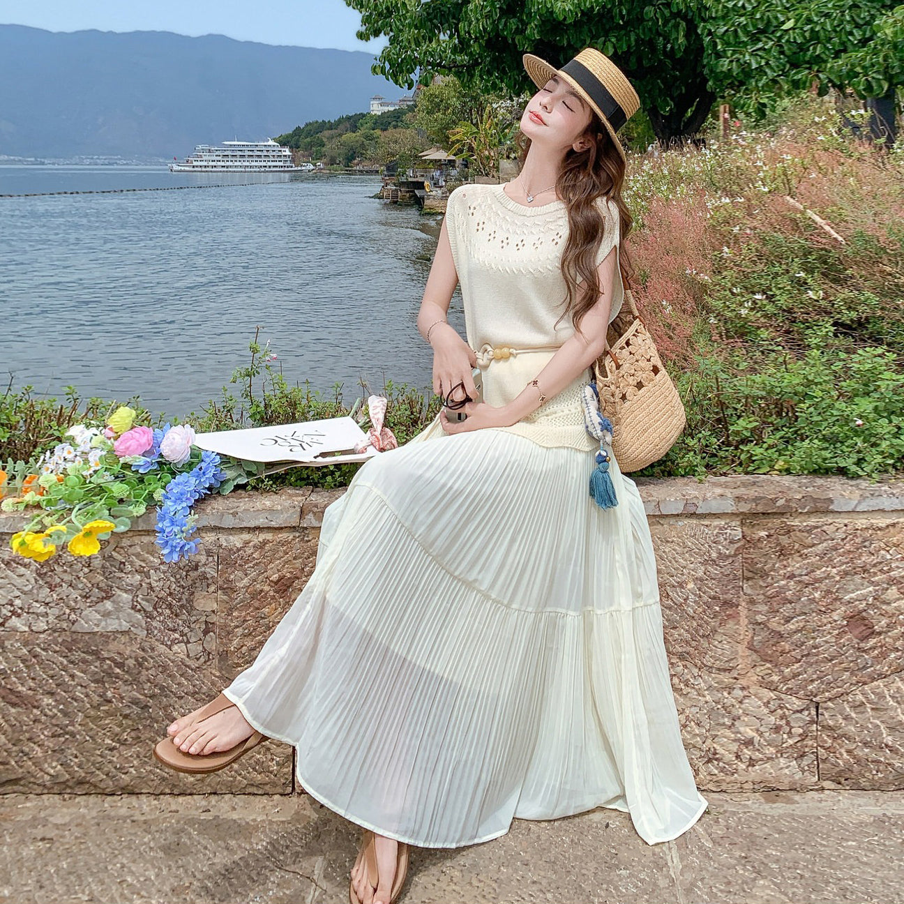 2点セット！【セットアップ】フレンチ風 ニットトップス＋プリーツスカート上下セット レディース 夏 アシンメトリー フェミニン 大人可愛い【JZシリーズ】