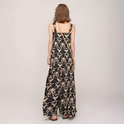 【ボトムス】ゆったりルーズ感 Vネックサロペット 夏新作 エンボスジャガード ワイドパンツオールインワン【SHシリーズ】