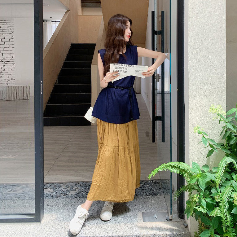 2点セット！【セットアップ】ラウンドネックカジュアルノースリーブブラウス＋ハイウエスト細見えAラインスカート上下セット【JZシリーズ】