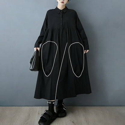 【ワンピース】ダークモードアシンメトリーデザイン配色シャツワンピース レディース 2026春秋新作 韓国風 カジュアル【JZシリーズ】