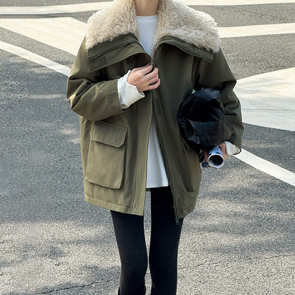 【アウター】冬新作 ビッグラペル ワークジャケット 裏起毛・厚手 秋冬 防寒 レディース 綿入れコート【シリーズ】