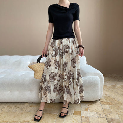 【ボトムス】フレンチバカンス風 フェザー柄切り替えデザイン ハイウエストゴム入りAラインスカート【SHシリーズ】【JZシリーズ】