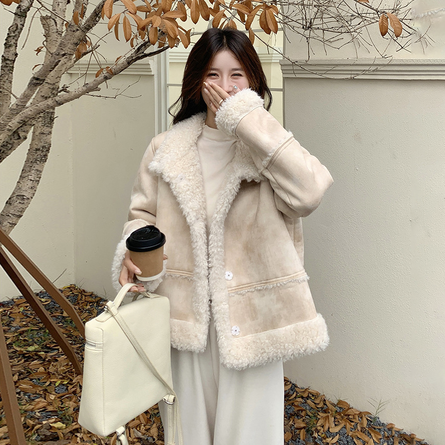 【アウター】冬 レディース 蓮ピンク タイダイ柄 フェイクムートン ボアジャケット ハイネック 小柄向け 韓国風コート【JZシリーズ】