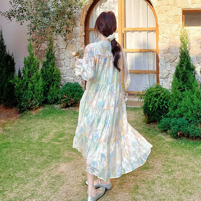 【ワンピース】超かわいい バタフライプリント ワンピース 春夏 ムード感たっぷり ハイウエスト 日焼け防止 ロングドレス【SHシリーズ】