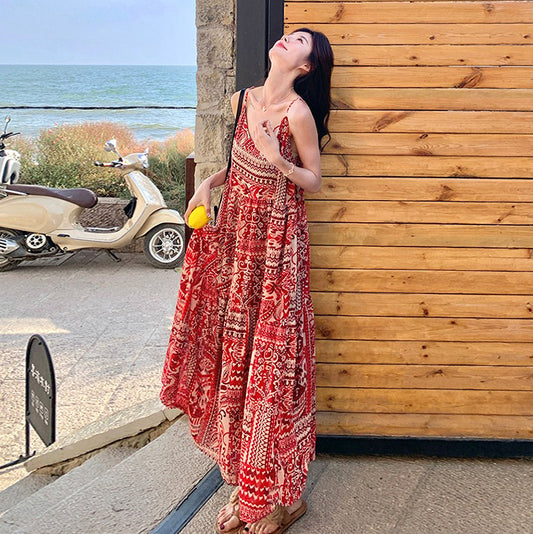 【ワンピース】ボヘミアン風 Vネックロングキャミワンピース 海辺リゾート映え 夏新作 ノースリーブワンピース【SHシリーズ】
