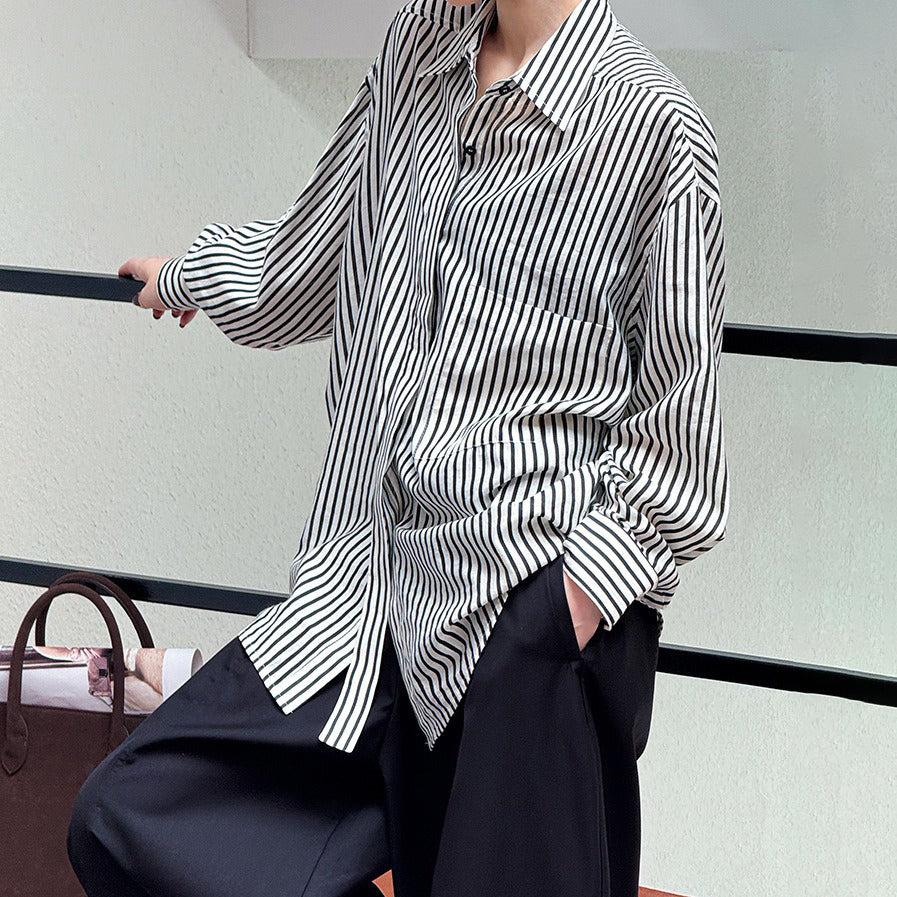 【トップス】初秋新作 定番 ストライプ シャツ 長袖 ゆったり 細見え効果抜群【JZシリーズ】