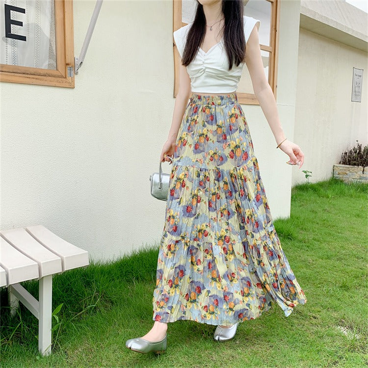 【ボトムス】上品 花柄プリーツスカート ロング丈 Aライン 体型カバー 夏 美シルエットで即細見え【SHシリーズ】