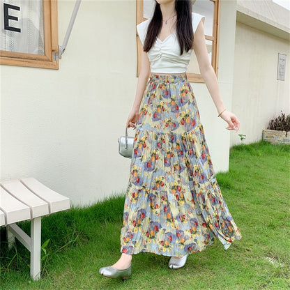 【ボトムス】上品 花柄プリーツスカート ロング丈 Aライン 体型カバー 夏 美シルエットで即細見え【SHシリーズ】