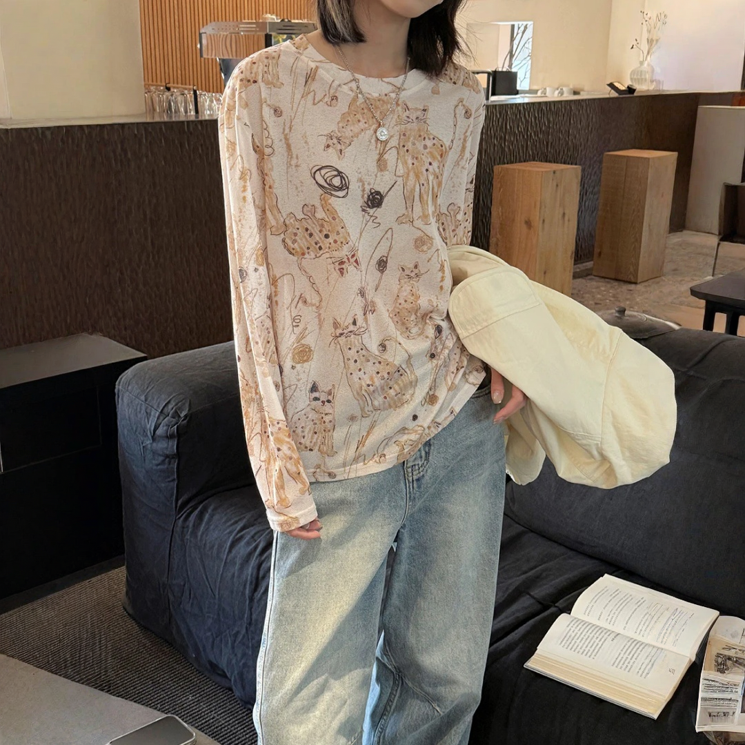 【トップス】ラウンドネック プリント 猫柄 長袖Tシャツ 【SHシリーズ】