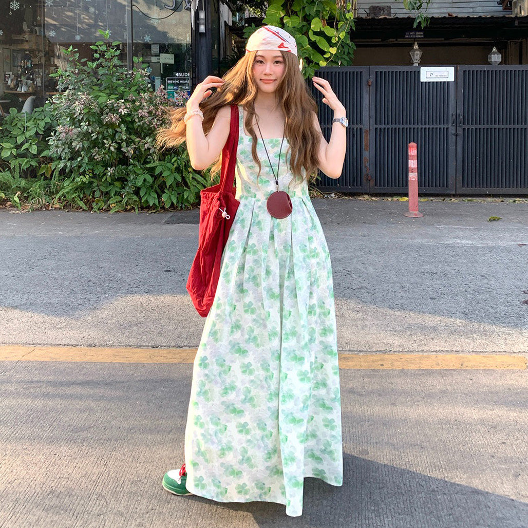 【ワンピース】大きいサイズ レディース 夏新作 グリーン 花柄 キャミワンピース 温柔風 気質 フレア ノースリーブ ロングワンピース【SHシリーズ】