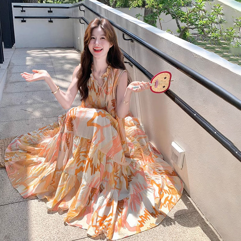 【ワンピース】高級感あふれるロマンティックリゾート風 シフォン花柄ノースリーブワンピース【SHシリーズ】