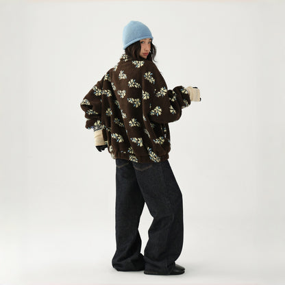 【アウター】レトロ 花柄 厚手 ゆったり スタンドネック ポーラーフリース ジャケット【FCシリーズ】