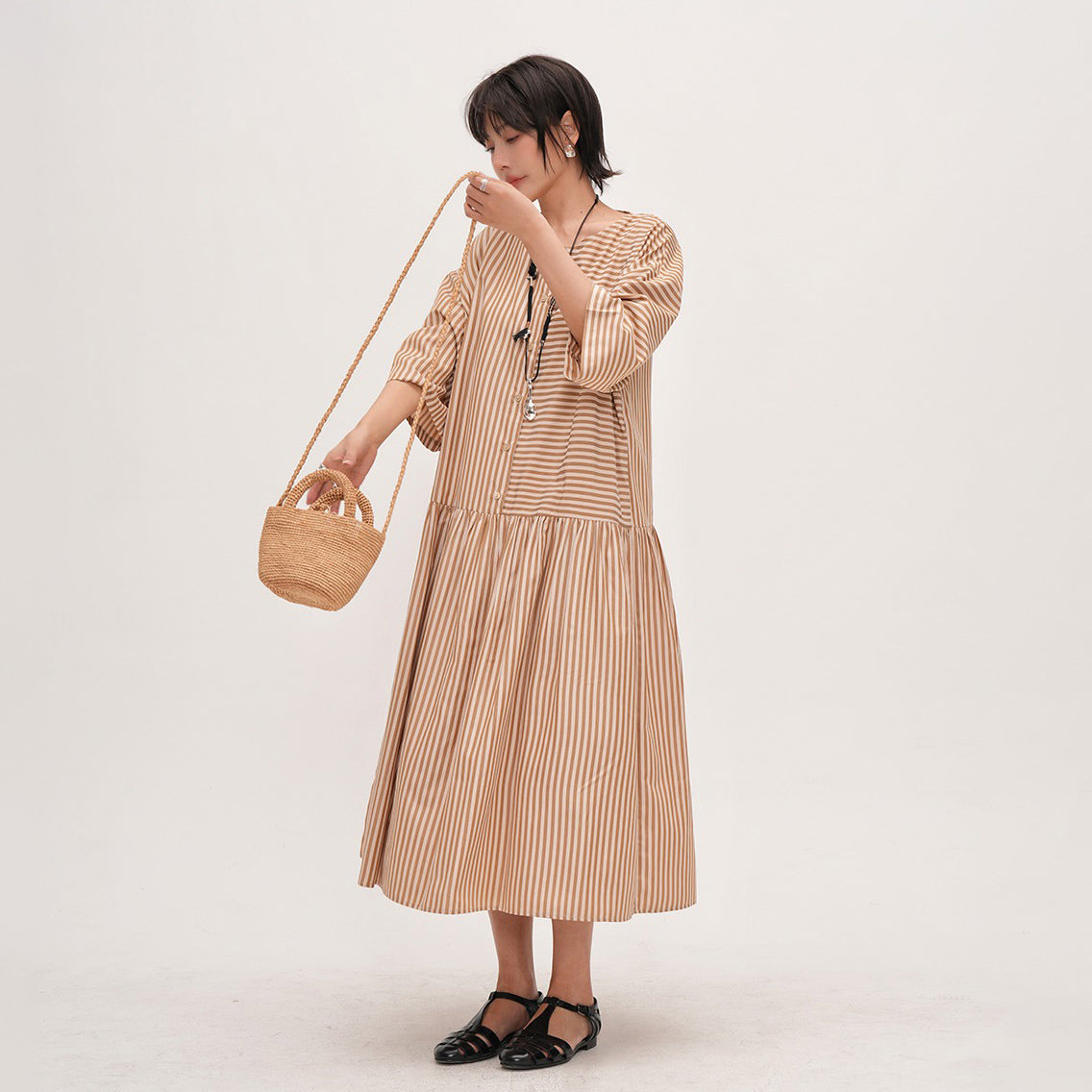 【ワンピース】夏新作 ストライプ切り替え ラウンドネックワンピース 七分袖 ゆったり着痩せロングドレス【JZシリーズ】【SHシリーズ】