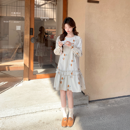 【ワンピース】くすみブルー刺繍ワンピース レディース 小柄さん向け ゆったり 大人可愛い 秋コーデ【SHシリーズ】