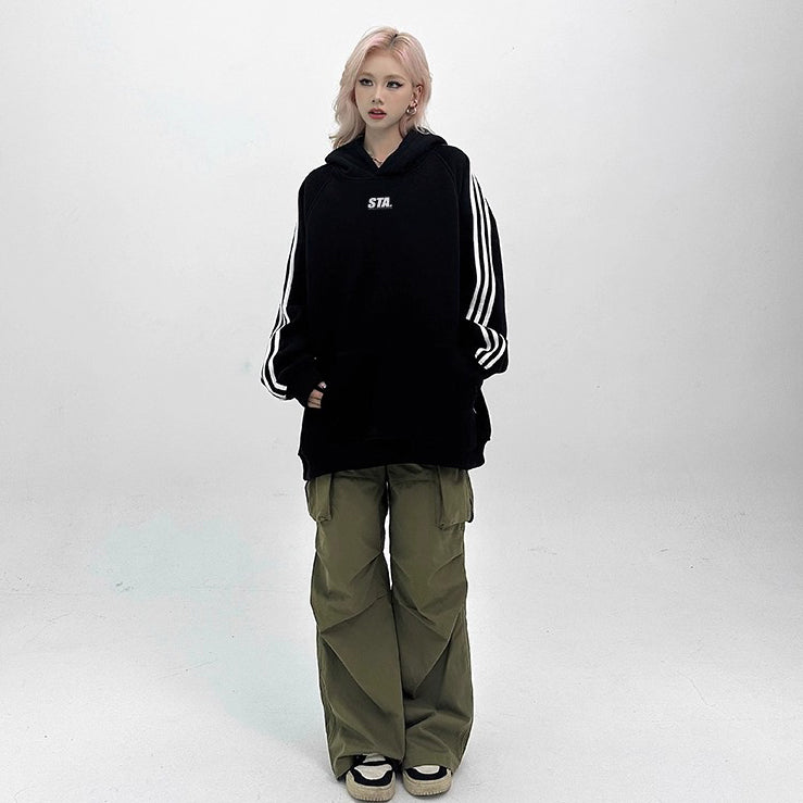 【トップス】3ストライプ フード付きスウェット ユニセックス  ゆったり ストリートスポーツ パーカー【FCシリーズ】