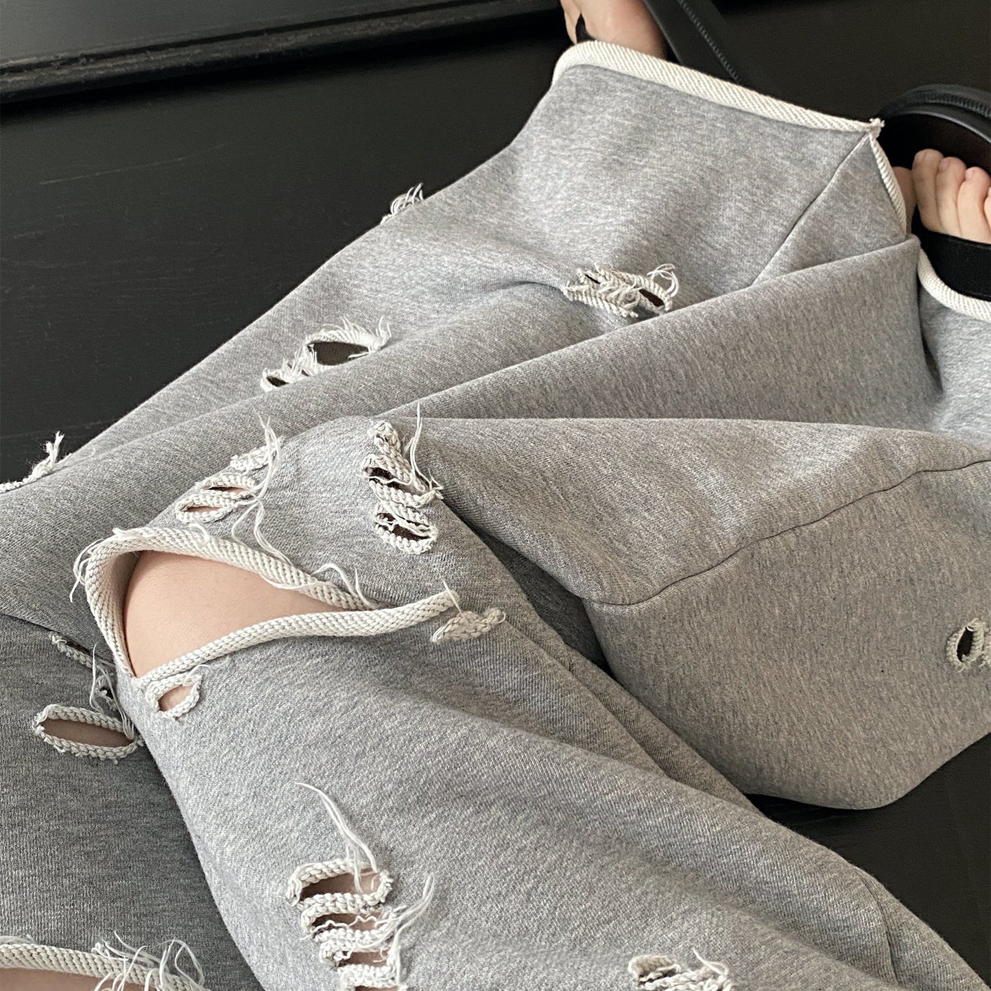 【セットアップ】【単品注文】春夏 半袖Tシャツ＋ワイドパンツ 上下セット グレー ルーズフィット ダメージ風 カジュアル スポーツミックス リラックスコーデ【FCシリーズ】