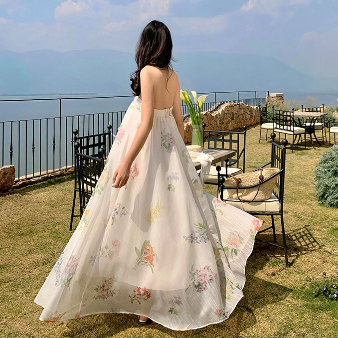 【ワンピース】プリント柄 ベアトップワンピース レディース 夏 リゾート風 ノースリーブ ロングワンピース ゆったり フェミニン【SHシリーズ】