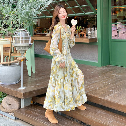 【ワンピース】フレンチ若見え フリル 花柄長袖ワンピース レディース 春秋 個性的で可愛い 大人気 超おしゃれ【SHシリーズ】