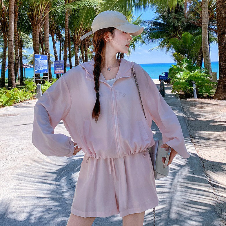 3点セット！【セットアップ】ゆる感たっぷり♡韓国風ピンクUVカットアウター+キャミ＋ショーパンセットアップ 夏の注目 上下セット【JZシリーズ】