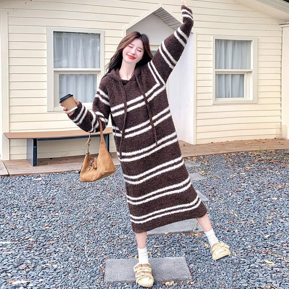 【ワンピース】ボーダー ニットパーカーワンピース レディース 韓国風 学院スタイル ミディ丈 大人可愛い【JZシリーズ】