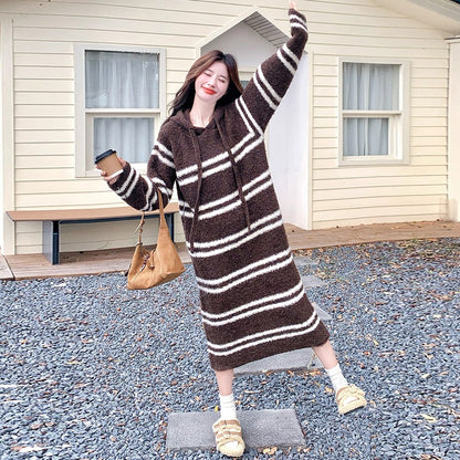 【ワンピース】ボーダー ニットパーカーワンピース レディース 韓国風 学院スタイル ミディ丈 大人可愛い【JZシリーズ】