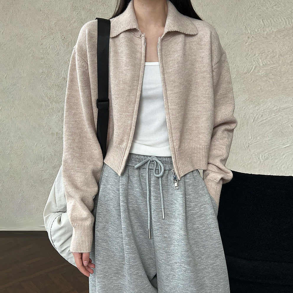 【トップス】春 秋 冬 ショート丈  ダブルジップ ニットカーディガン ポロカラー セーター 【JZシリーズ】