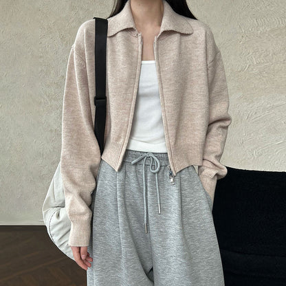 【トップス】春 秋 冬 ショート丈  ダブルジップ ニットカーディガン ポロカラー セーター 【JZシリーズ】