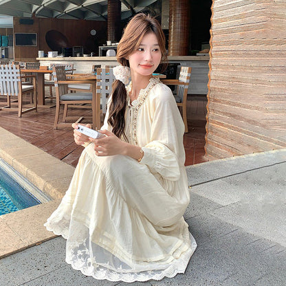 【ワンピース】ベージュ フラワーレース刺繍襟 ワンピース レディース 新作 長袖 フェミニン フレンチ風ロングドレス【JZシリーズ】