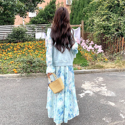 2点セット！【セットアップ】 ニットベスト×花柄 長袖ワンピース フレンチ風 リボン付き 若見えロング丈 セット【SHシリーズ】