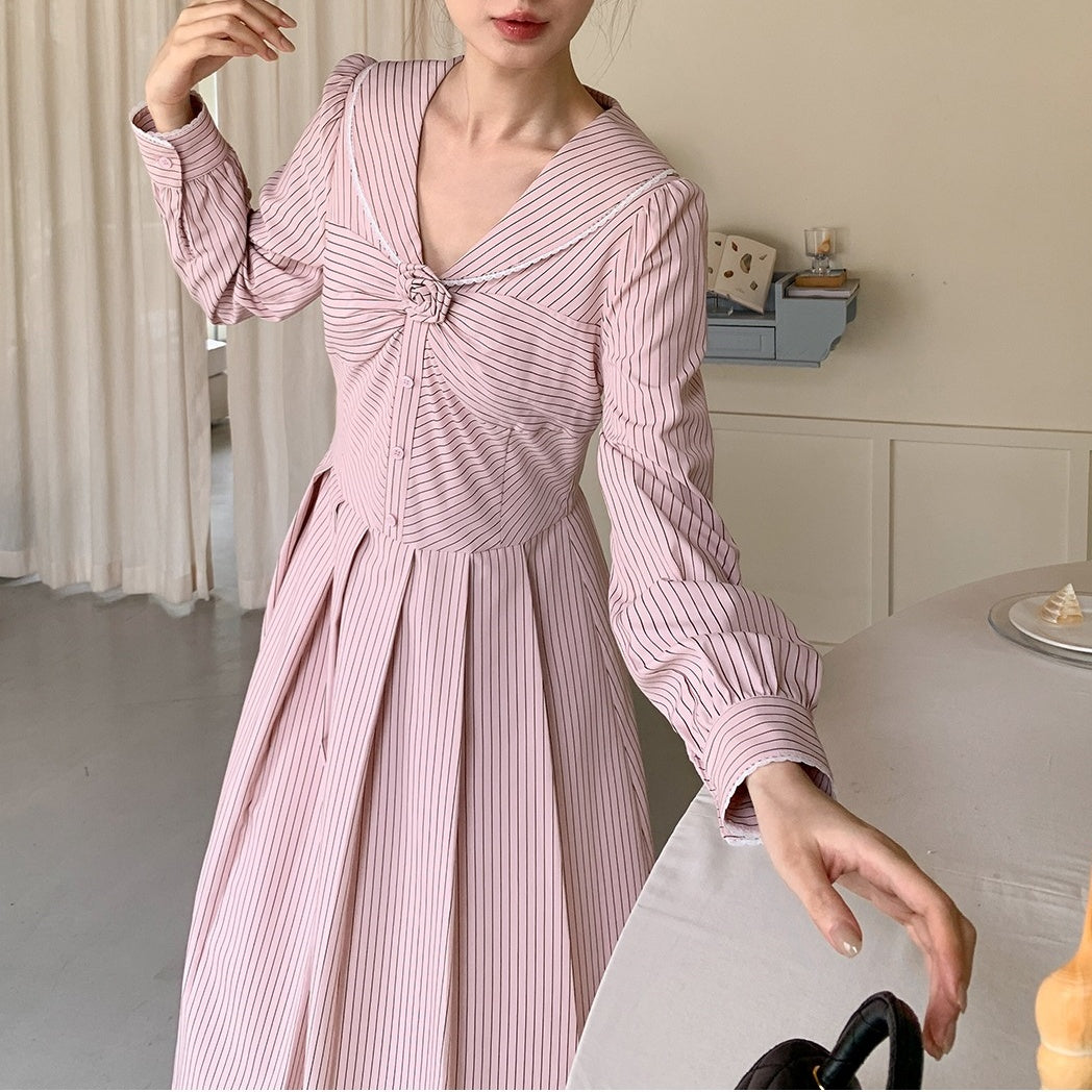 【ワンピース】春 秋 セーラーカラー ストライプ デザイン感 ロング丈 長袖 ワンピース 【JZシリーズ】