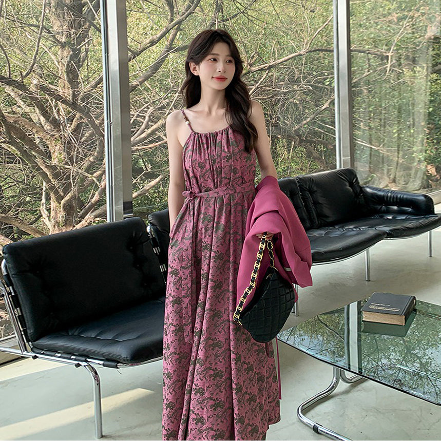 2点セット！【セットアップ】ピンク系 ジャケット重ね着風 ノースリーブワンピース セット 春秋 レディース  コーディネート楽々 大人可愛い【SHシリーズ】