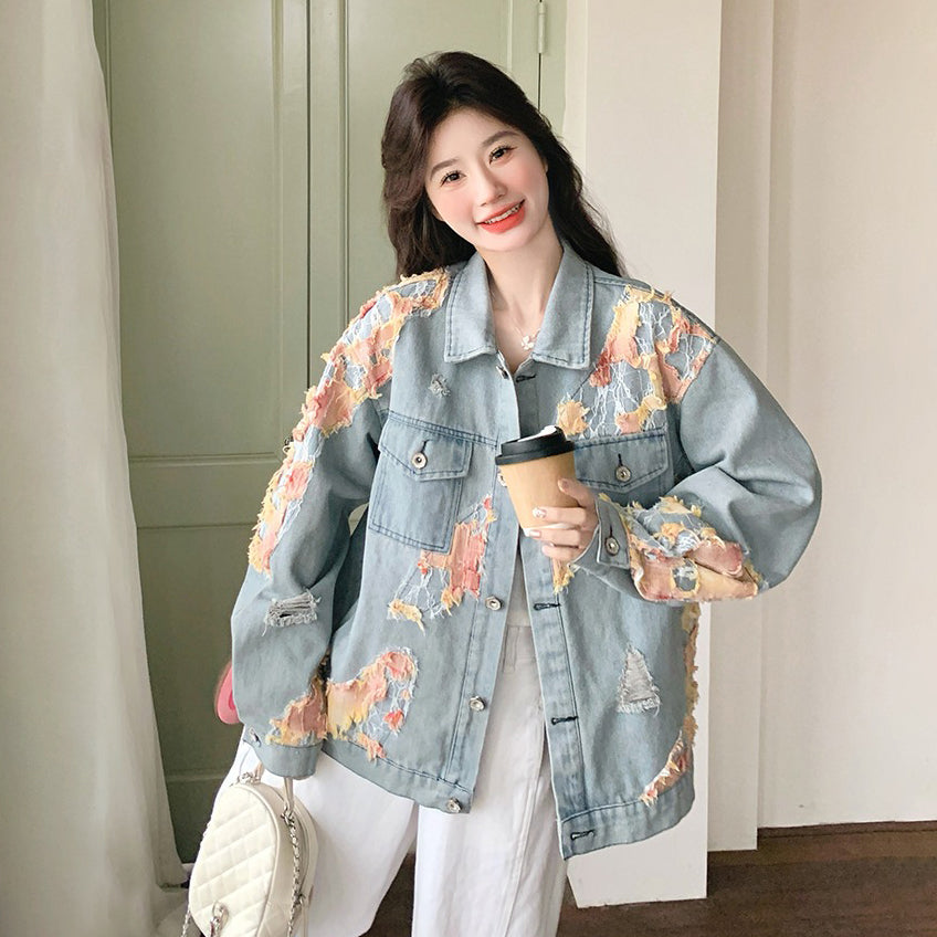 【アウター】おしゃれで若見え デザイン性デニムジャケット レディース  韓国風 レース切替配色ジャケット【SHシリーズ】