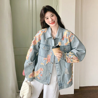 【アウター】おしゃれで若見え デザイン性デニムジャケット レディース  韓国風 レース切替配色ジャケット【SHシリーズ】