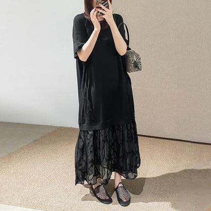 【ワンピース】カジュアル ロングTシャツワンピース レイヤード風 サイドレース切替 半袖 スリム見え デザイン感【JZシリーズ】