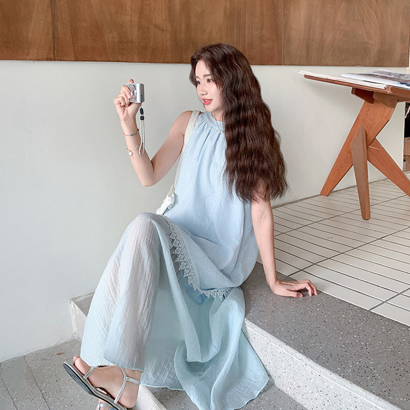 【ワンピース】フレンチ 気質美しい バカンス風 レースコンビネーション ノースリーブワンピース