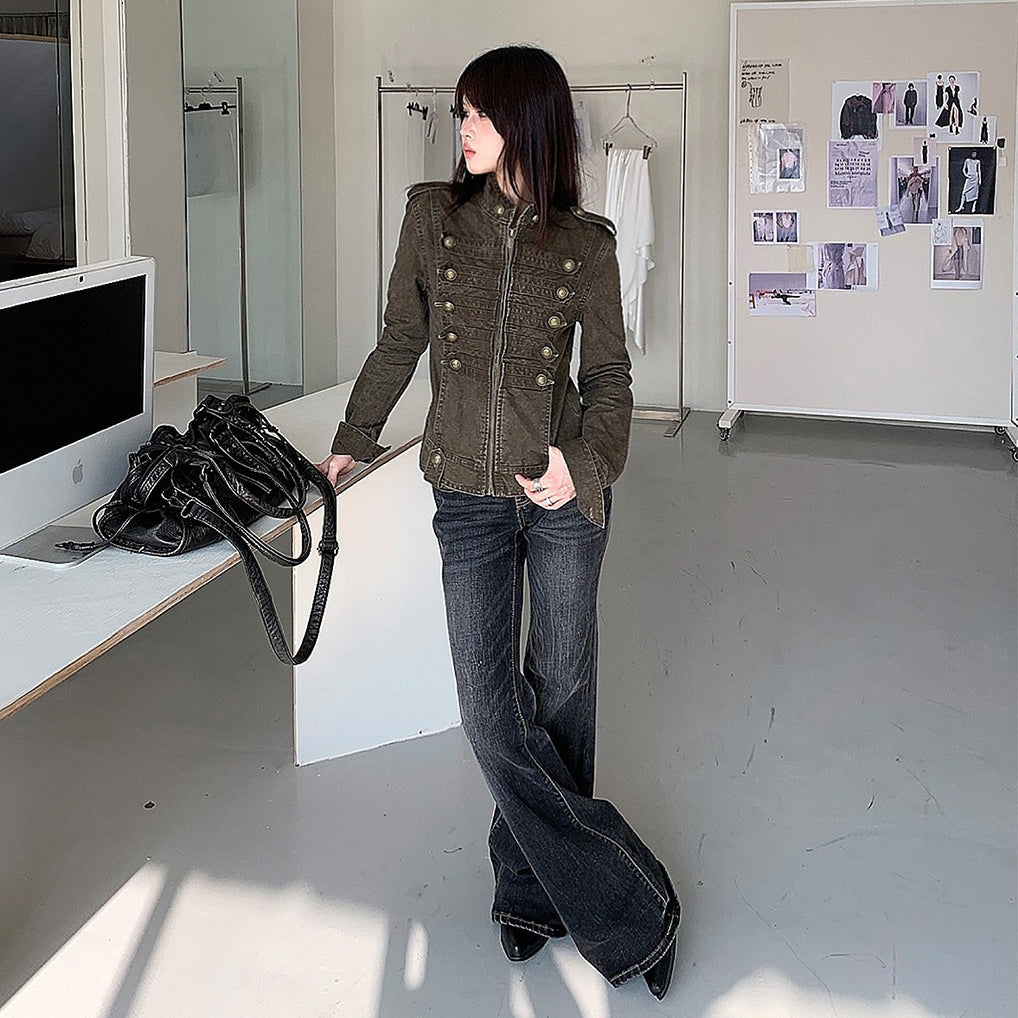 【ボトムス】ウォッシュ加工フレアデニム レディース 春秋新作 ブラック ヴィンテージ風 美脚見え【FCシリーズ】
