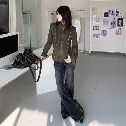 【ボトムス】ウォッシュ加工フレアデニム レディース 春秋新作 ブラック ヴィンテージ風 美脚見え【FCシリーズ】