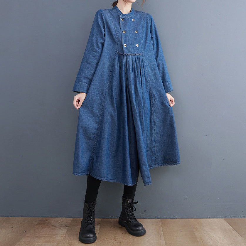 【ワンピース】大きいサイズ 文芸風 Aライン 長袖 デニムワンピース ロング丈 ゆったり 春新作【JZシリーズ】